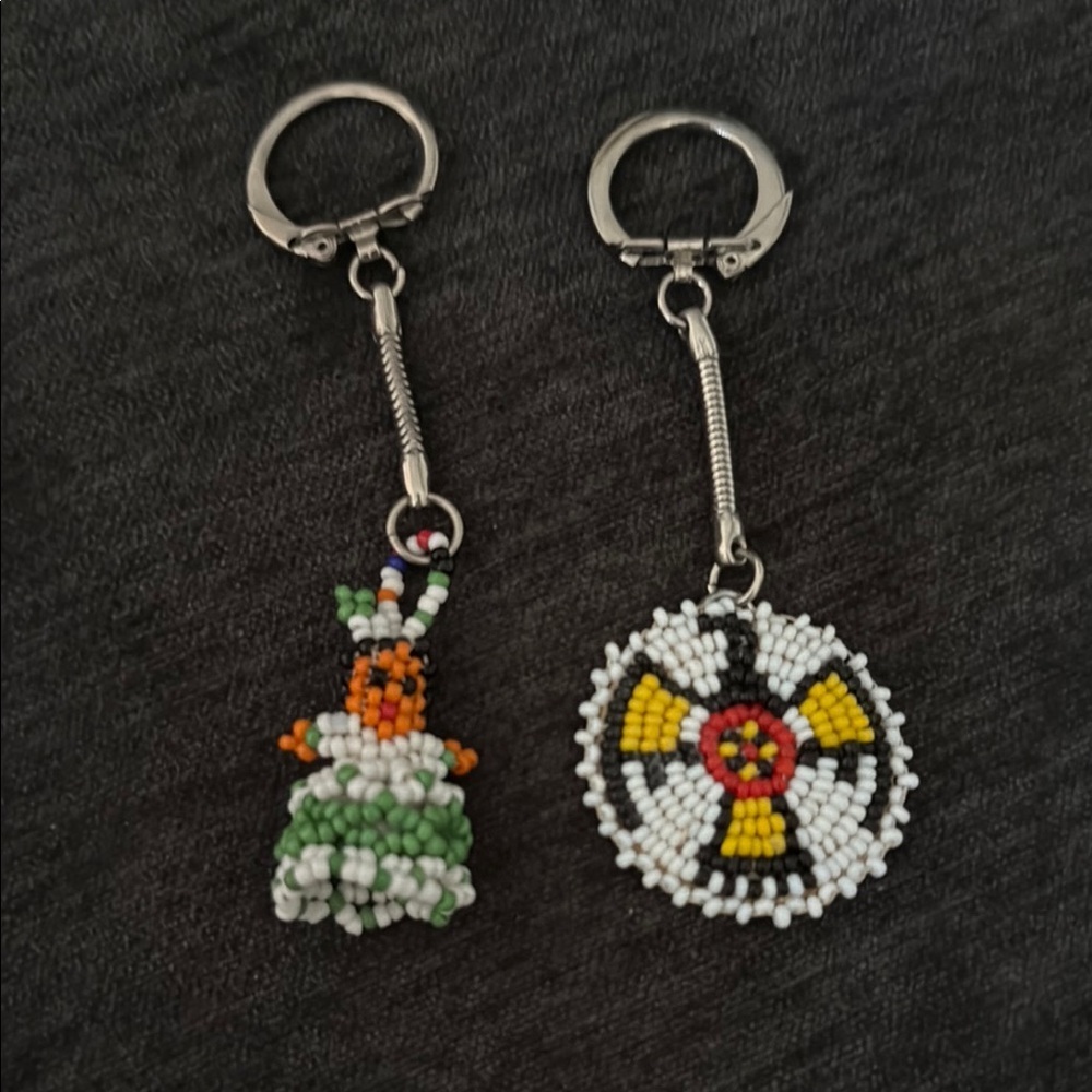 2 vintage Beaded Keychain Set with Colorful Designs leather backing on one